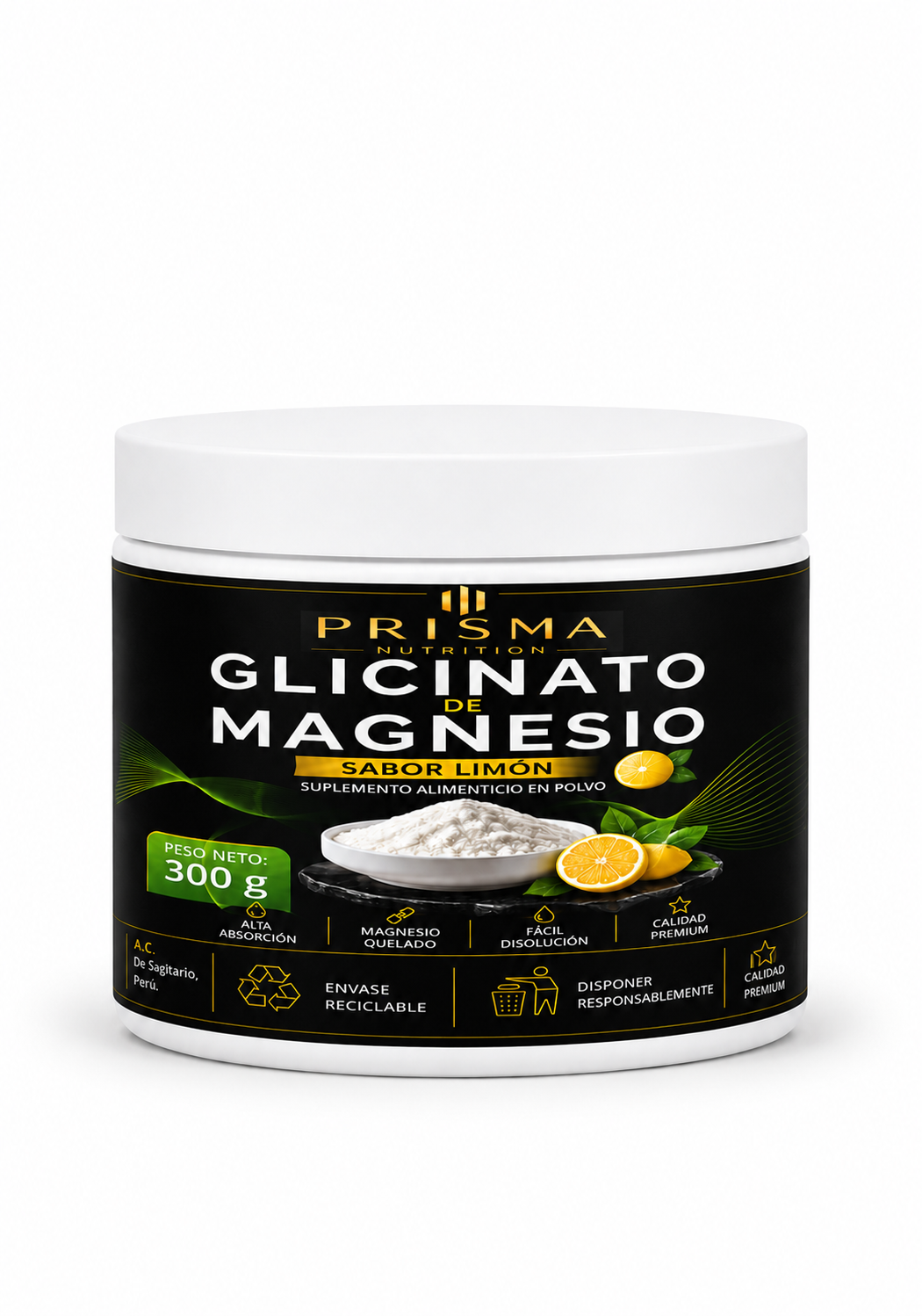 GLICINATO DE MAGNESIO SABOR LIMÓN 300GR - PRISMA NUTRITION