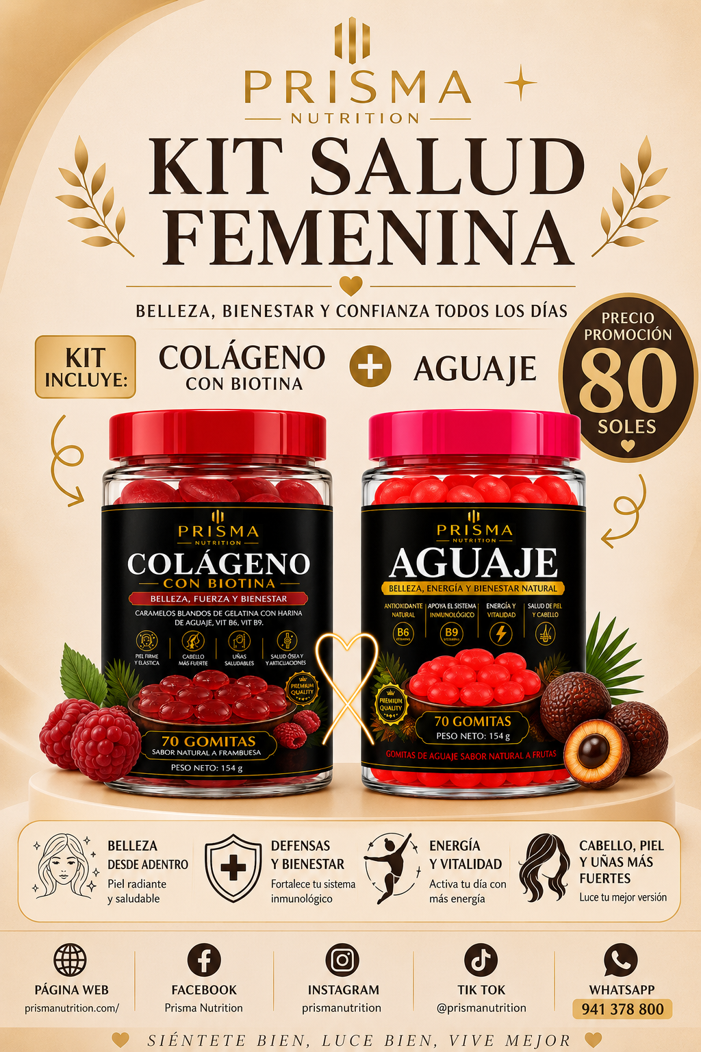 KIT SALUD FEMENINA: GOMITAS DE COLÁGENO CON BIOTINA 70UN + GOMITAS DE AGUAJE 70UND