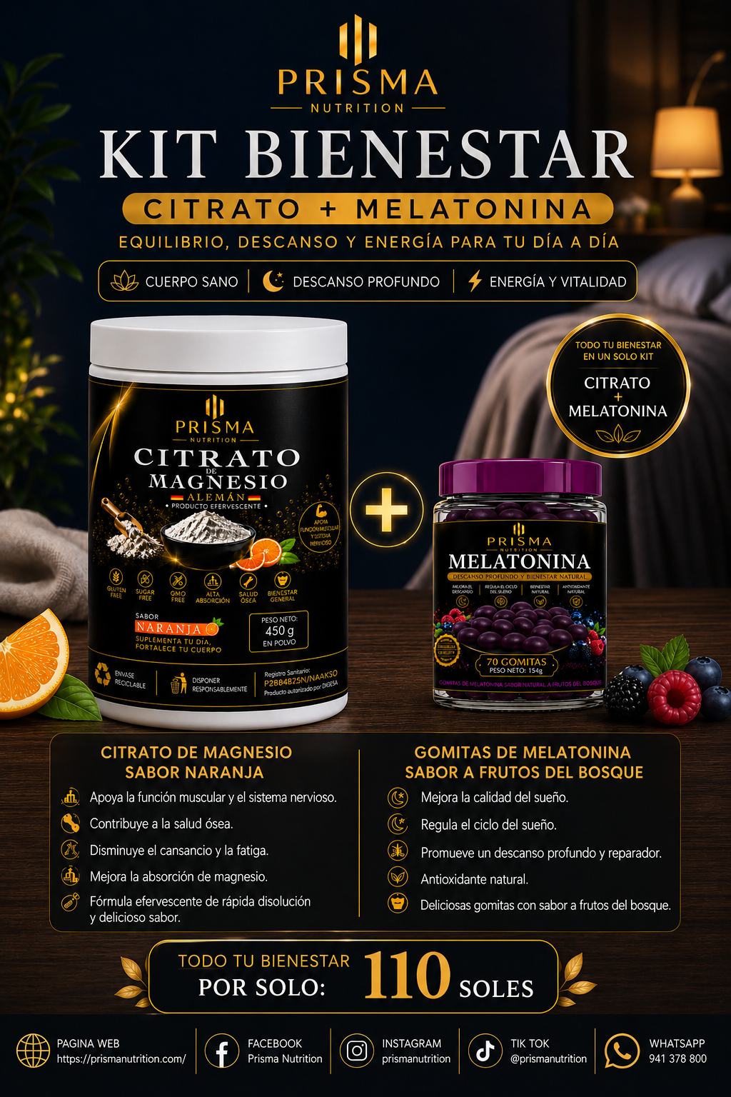 KIT BIENESTAR: CITRATO DE MAGNESIO SABOR NARANJA 450GR + GOMITAS DE MELATONINA 70UND
